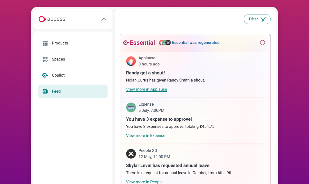 The Evo Feed, surfacing actionable insights and notifications from multiple products